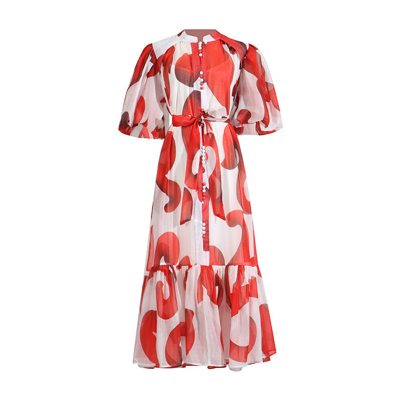 puff-sleeve tiered maxi dress with abstract print – ZARA