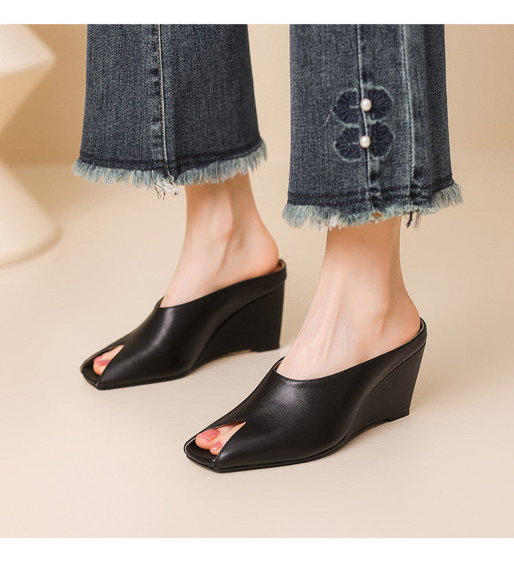 black leather wedge mules with open toe cutout – LUNARA