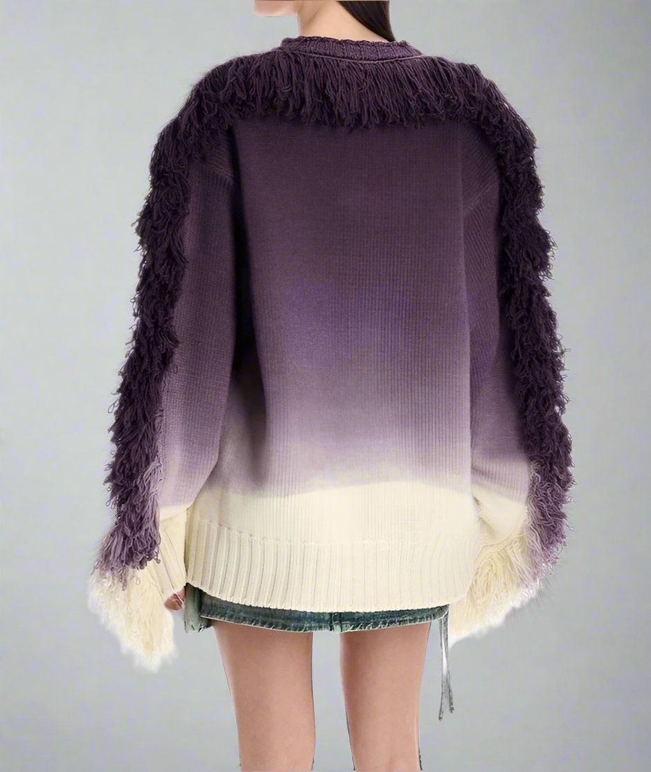 ombré fringe-trim sweater with textured shoulders - Famidah