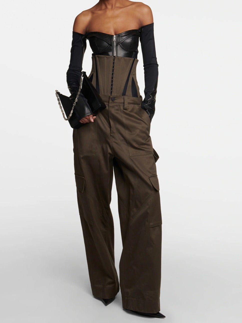 off-shoulder leather corset top with cargo pants – Felicitas