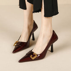 Pointed-toe patent pump with gold buckle - Lomans