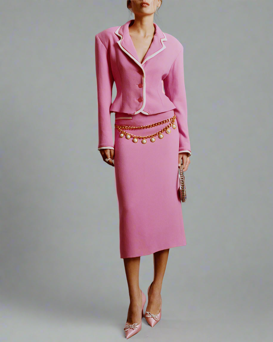 Tailored blazer skirt set with pearl chain detail – DELINES