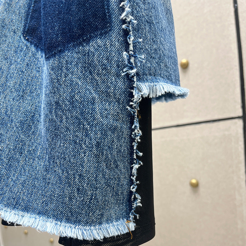 sleeveless mesh mini dress with denim patchwork – Tamela