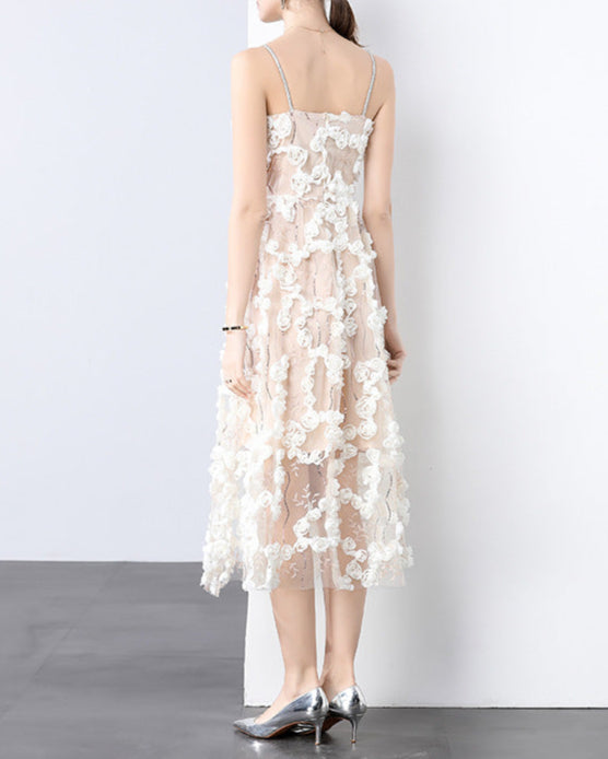 strappy tulle midi dress with 3D floral appliqué - VERZA
