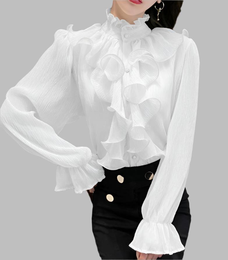 long sleeve ruffled chiffon blouse with stand collar – Tauret