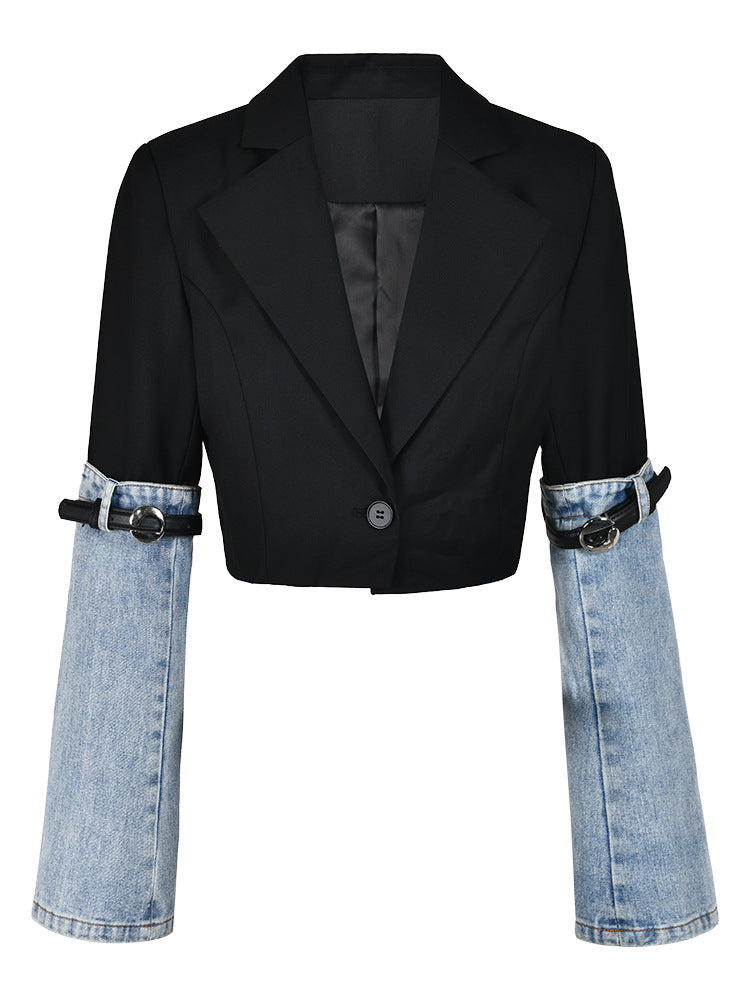 cropped contrast blazer with denim sleeves – Tamieka