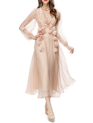 chiffon midi dress with 3D floral appliqué – Eelinwe