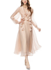 organza midi dress with 3D floral appliqués – Bahira