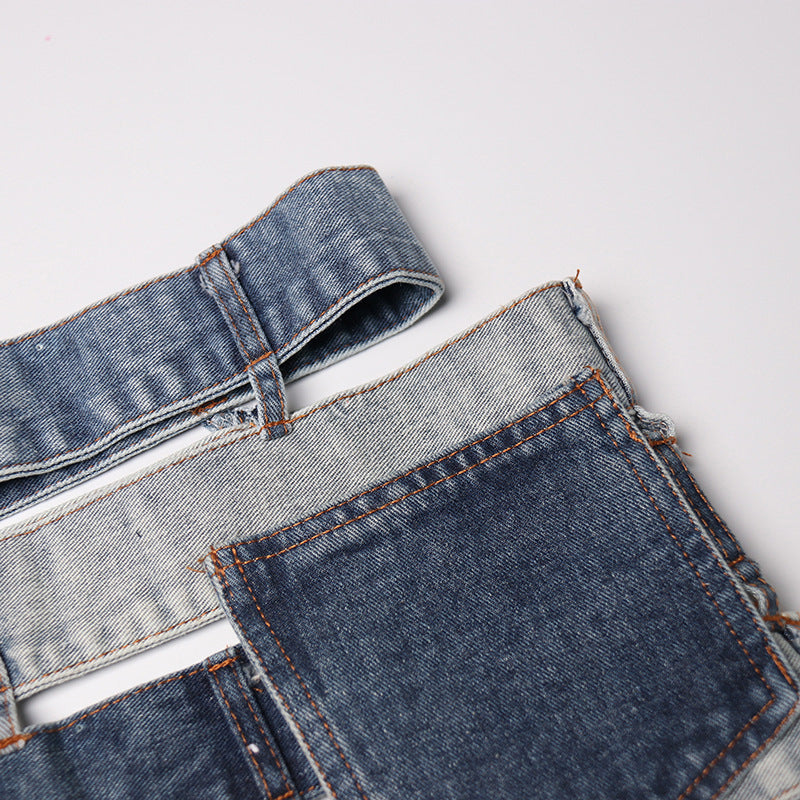 patchwork denim waist belt skirt - Talikha