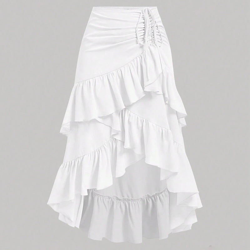 High-low ruffled midi skirt with ruched waist – Serytu