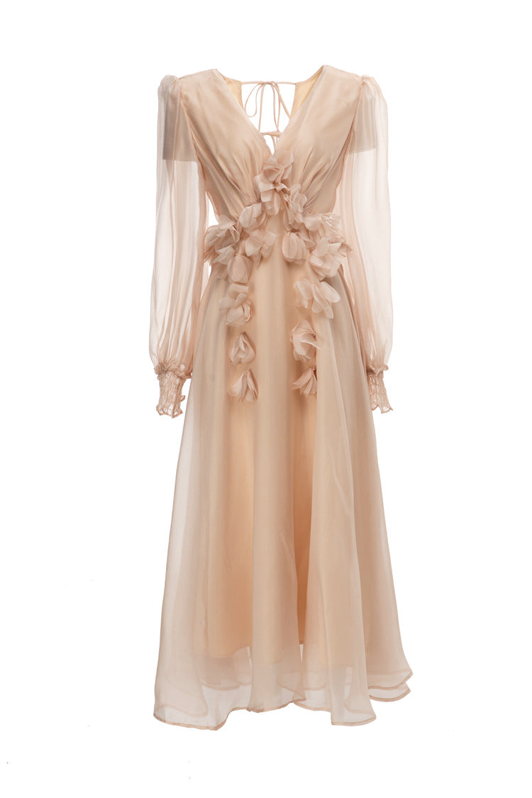 organza midi dress with 3D floral appliqués – Bahira