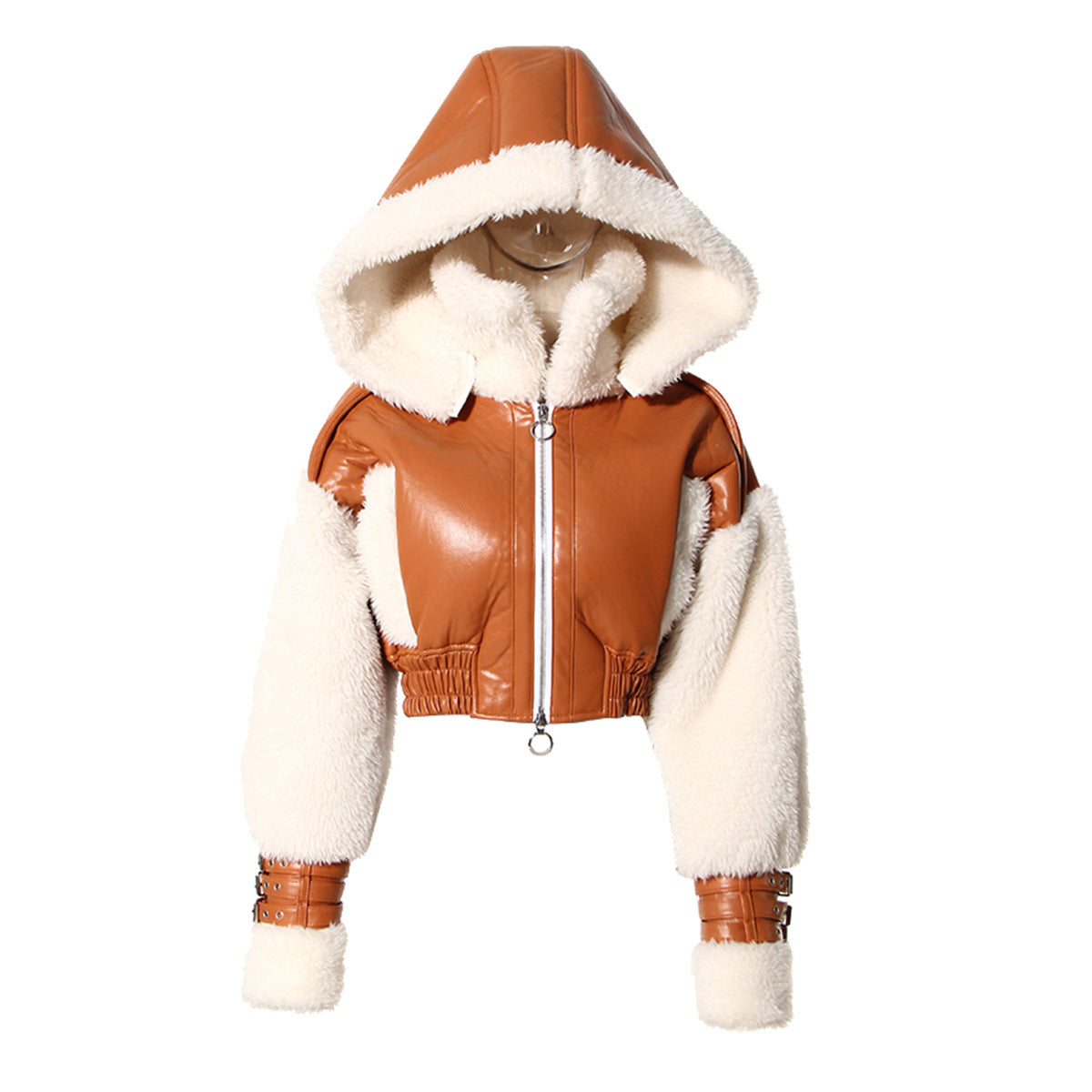 cropped leather and faux shearling hooded jacket - Joolie