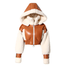cropped leather and faux shearling hooded jacket - Joolie
