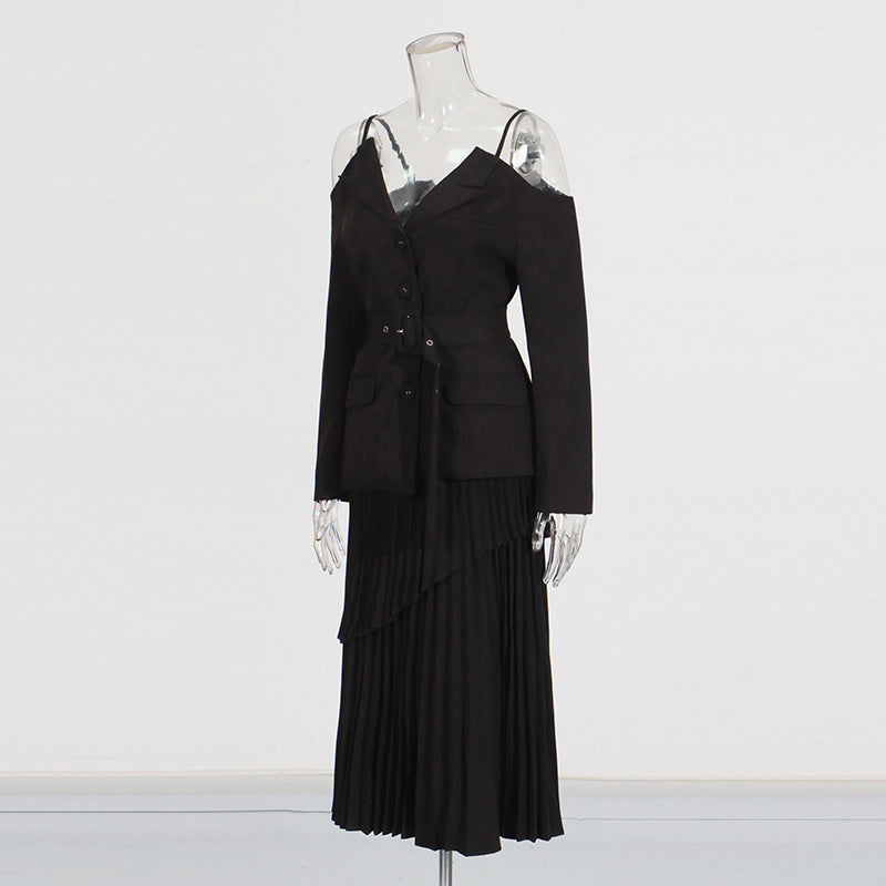 Off-shoulder belted blazer with pleated skirt - Atiju