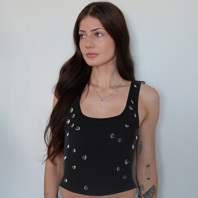 Rhinestone Square Neck Sleeveless Tank Top