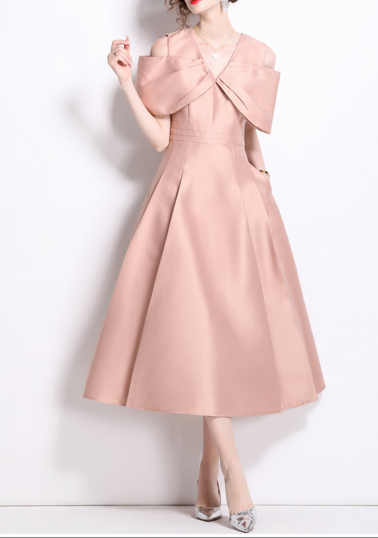 off-shoulder A-line dress with oversized bow – CELIVNE