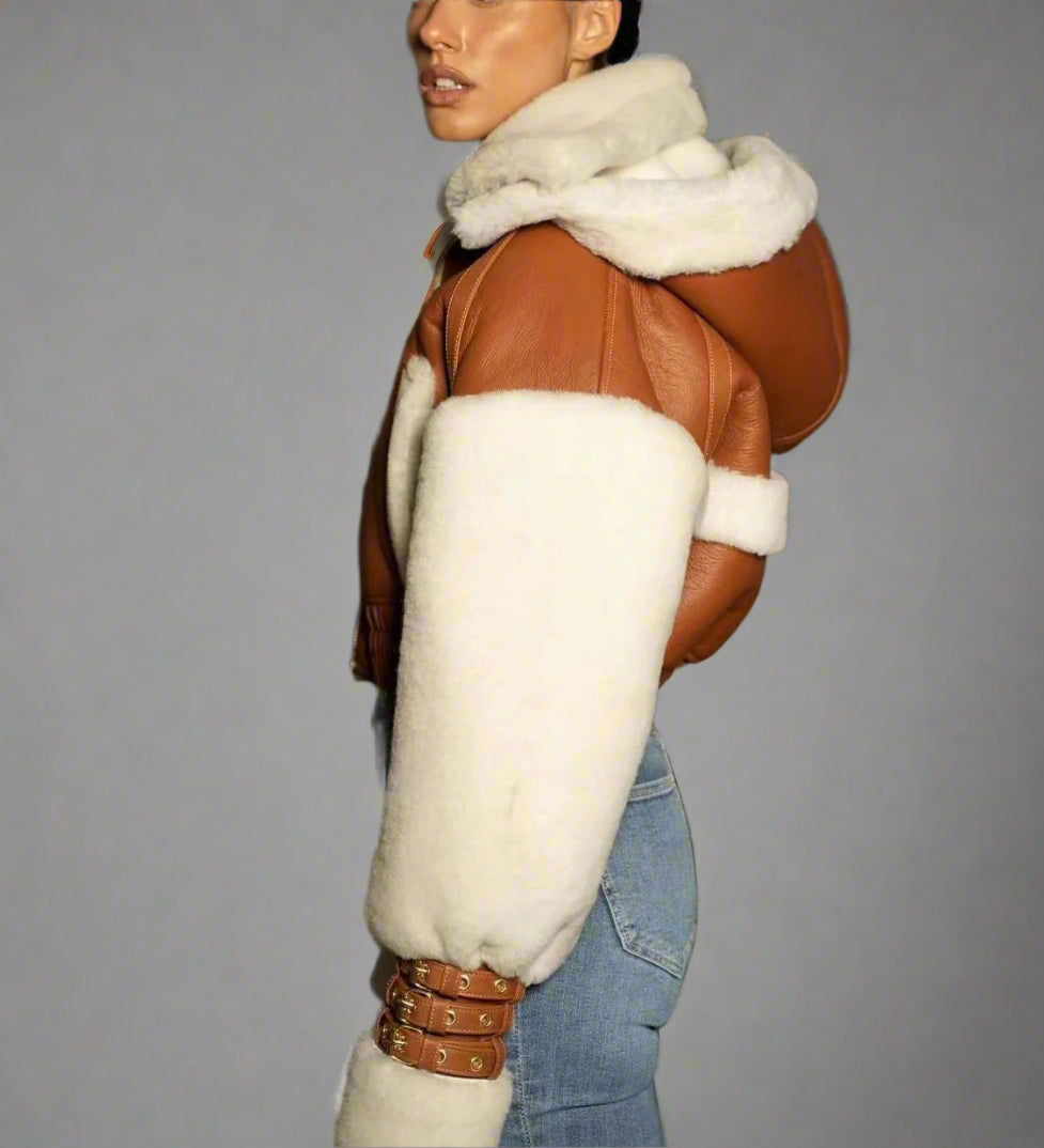 cropped leather and faux shearling hooded jacket - Joolie