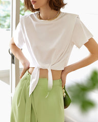 Short sleeve cotton blouse with waist tie - Burni