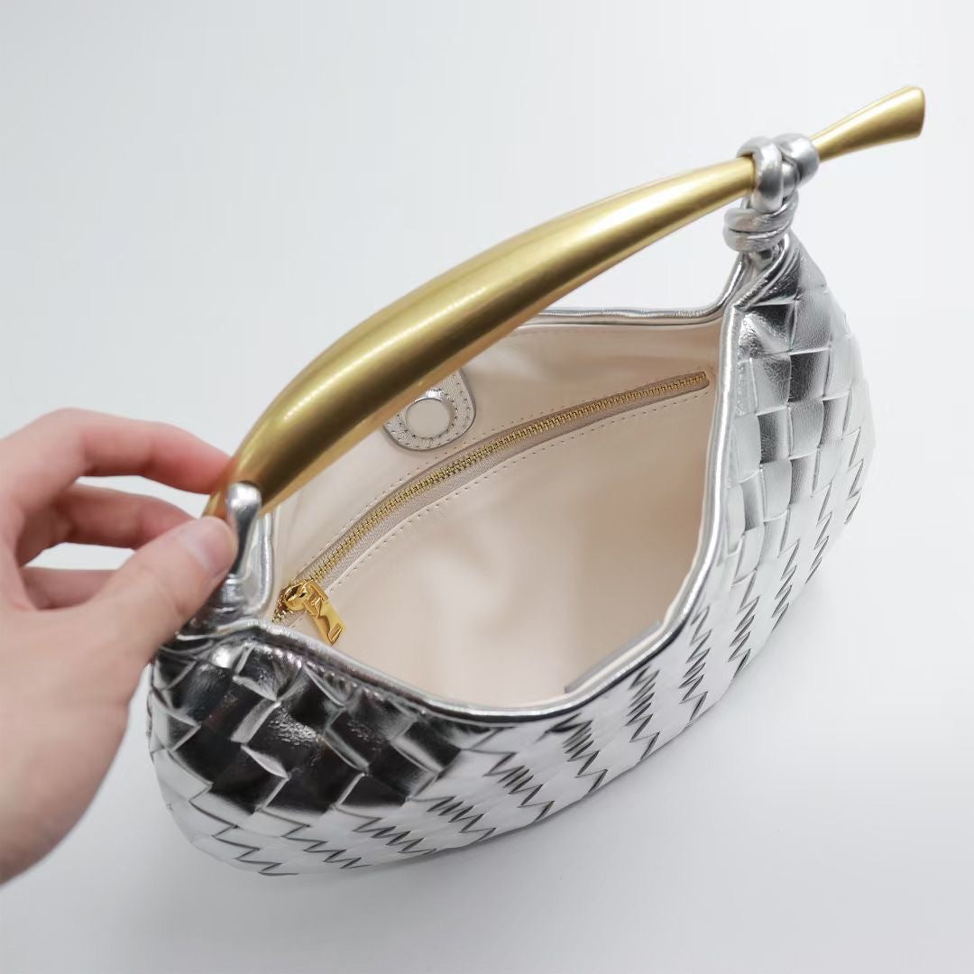 woven crescent shoulder bag with gold sculpted handle - KLLUONEL