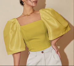 Square-neck corset blouse with puffed elbow sleeves - Sewry