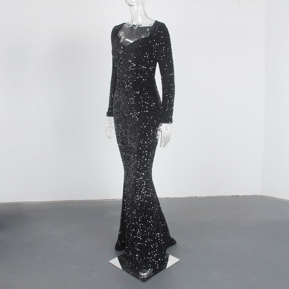 long-sleeve mermaid gown with silver sequins – Tieve