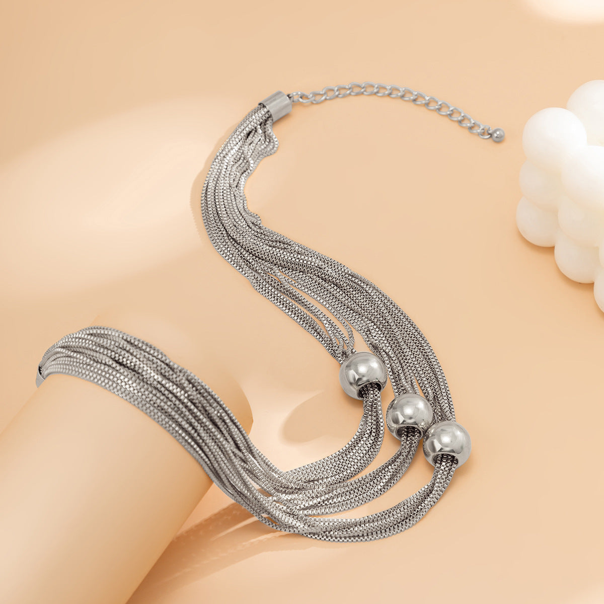 Multi-strand chain necklace with trio beads - Nhjlu