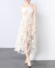 strappy tulle midi dress with 3D floral appliqué - VERZA