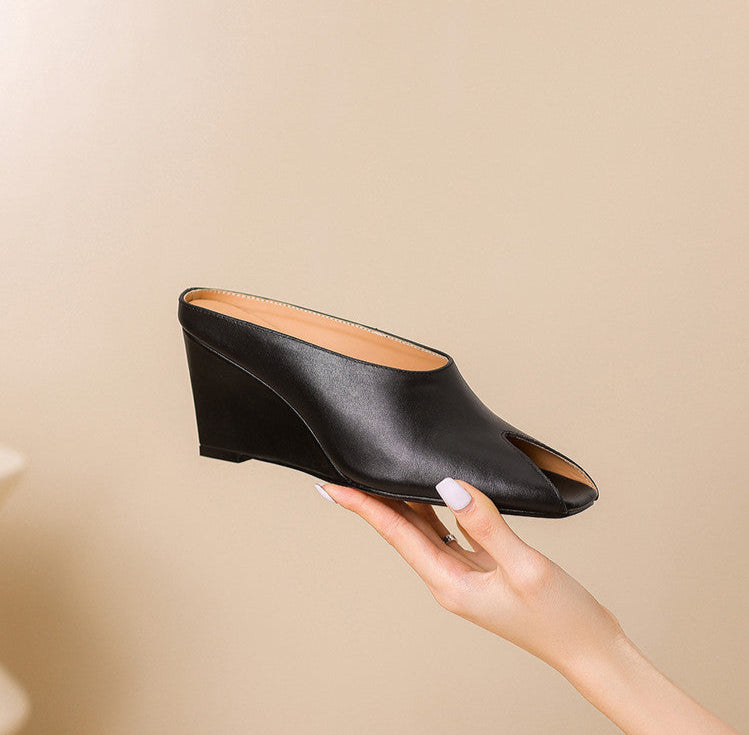 black leather wedge mules with open toe cutout – LUNARA