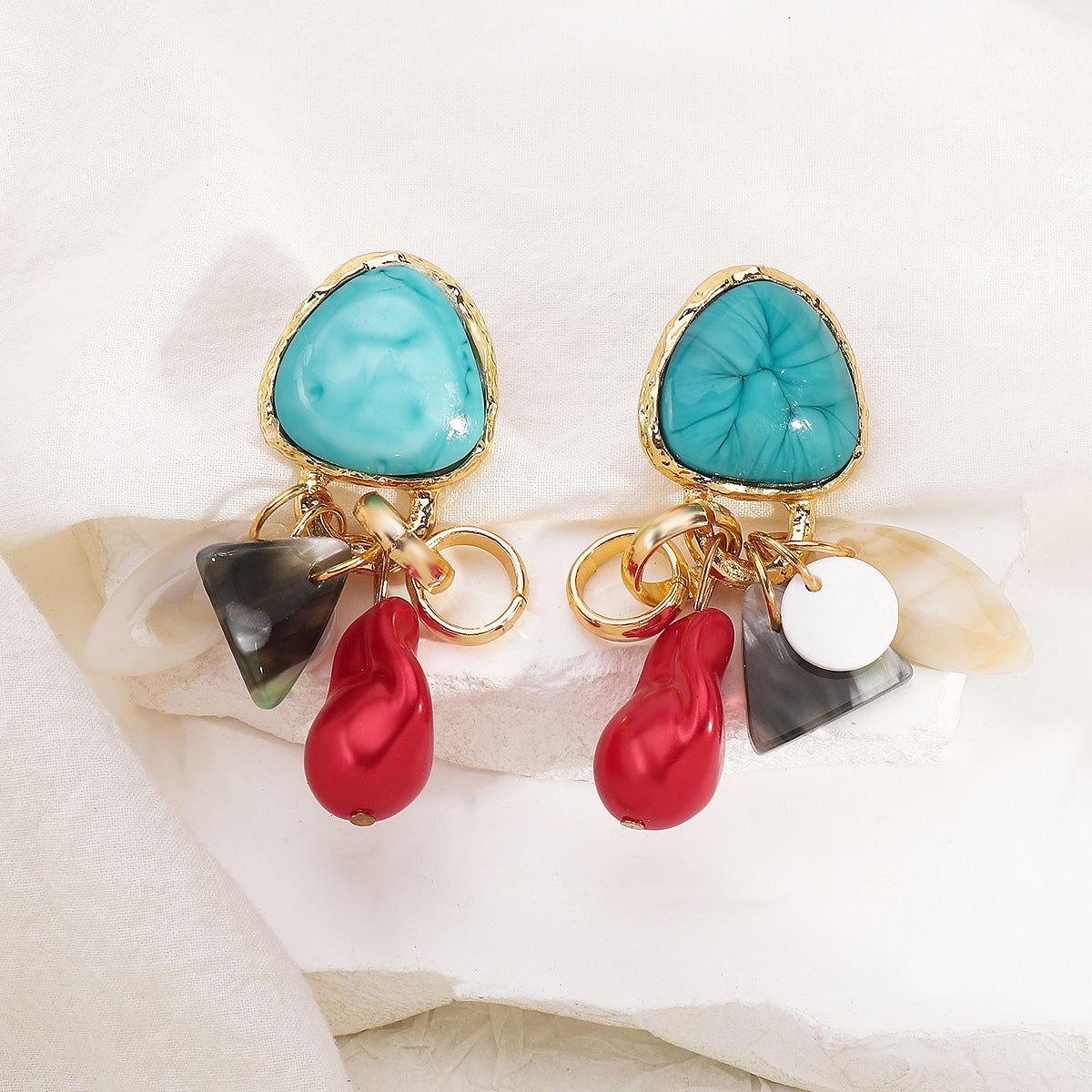 turquoise stud earrings with multicolor drop charms - ALBAK