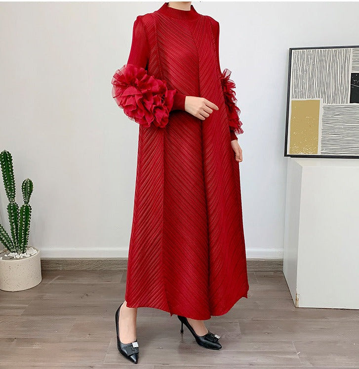 pleated maxi dress with floral cuff sleeves – Volen