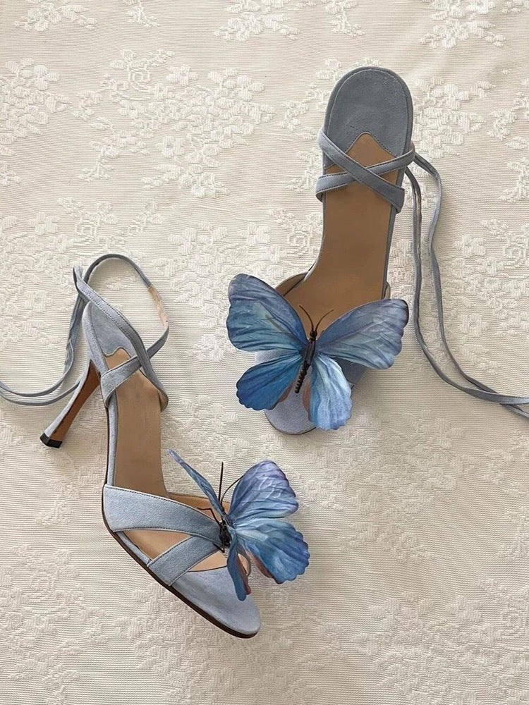 suede stiletto sandals with 3D blue butterfly appliqué – VIVARA