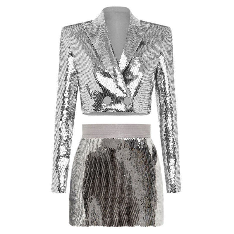 Sequined cropped blazer with high-waisted mini skirt - Zertu