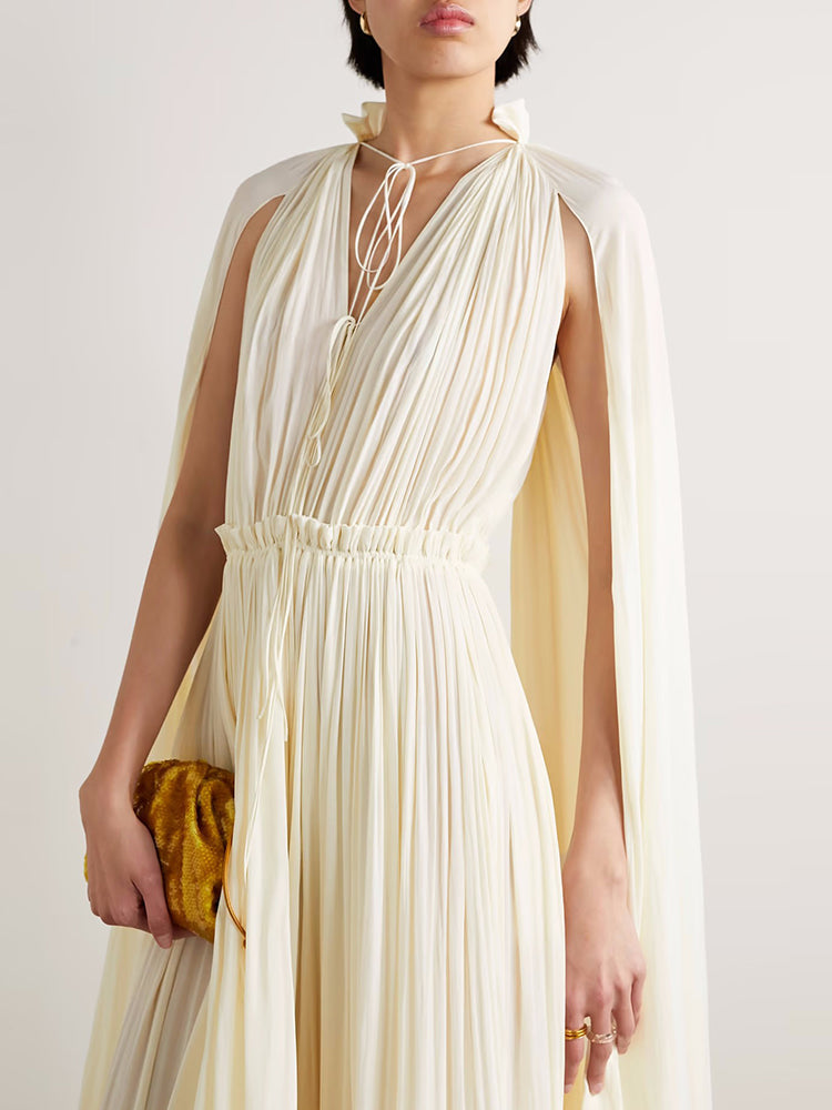 pleated cape-sleeve midi dress with ruffle hem – Aanjkvc