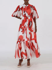 puff-sleeve tiered maxi dress with abstract print – ZARA