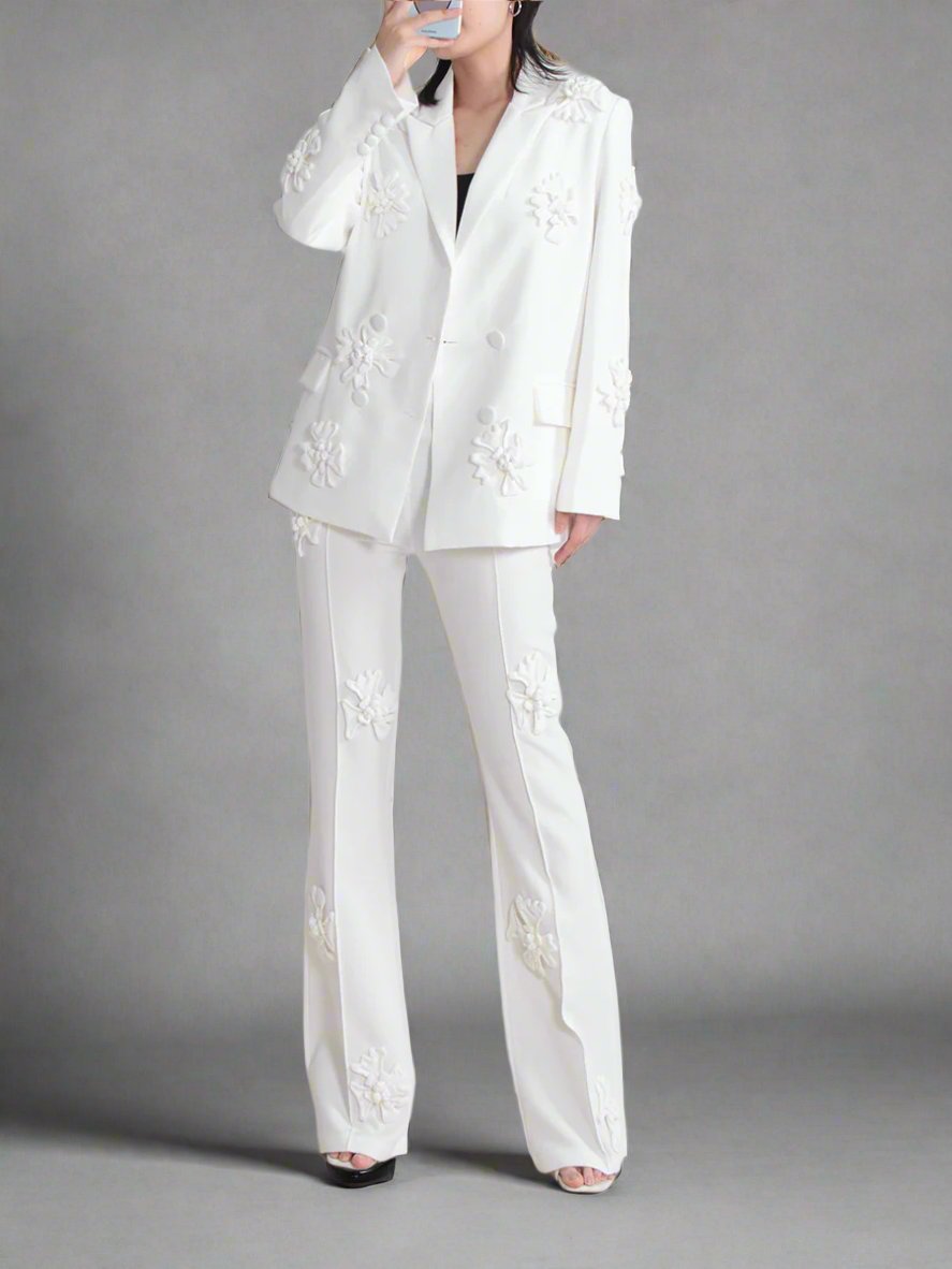 floral applique double-breasted blazer and flared pants set - GHOOTER