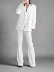 floral applique double-breasted blazer and flared pants set - GHOOTER