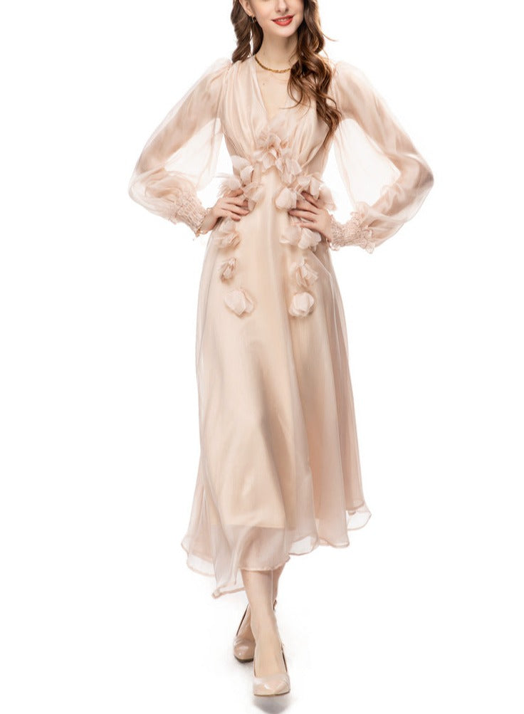 organza midi dress with 3D floral appliqués – Bahira
