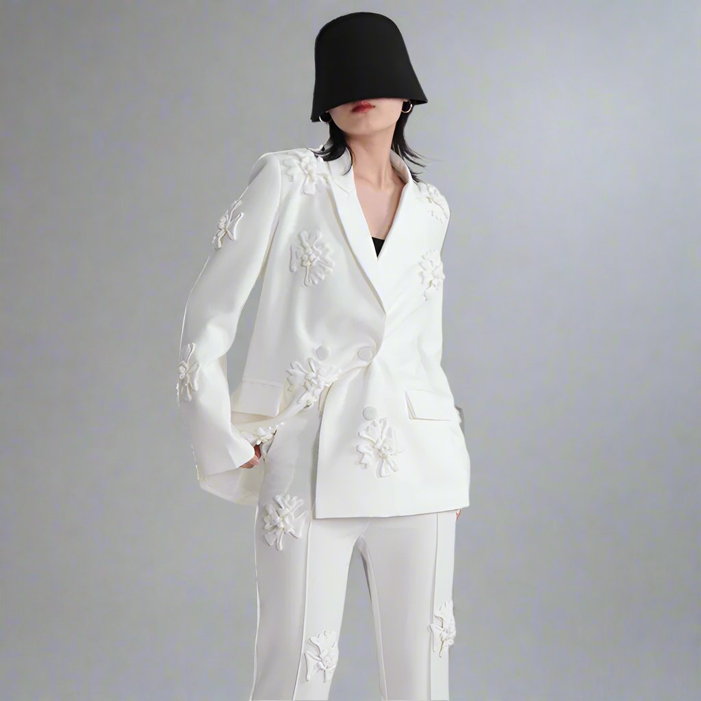 floral applique double-breasted blazer and flared pants set - GHOOTER