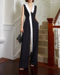 Sleeveless wide-leg jumpsuit with contrast lapel tie - Abrwy