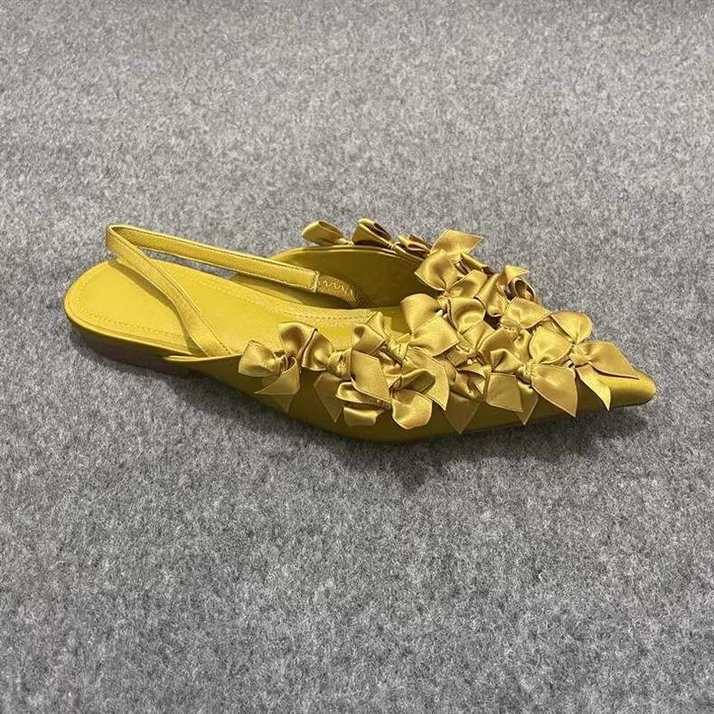 black satin slingback flats with 3D floral appliqué – NOIRIA