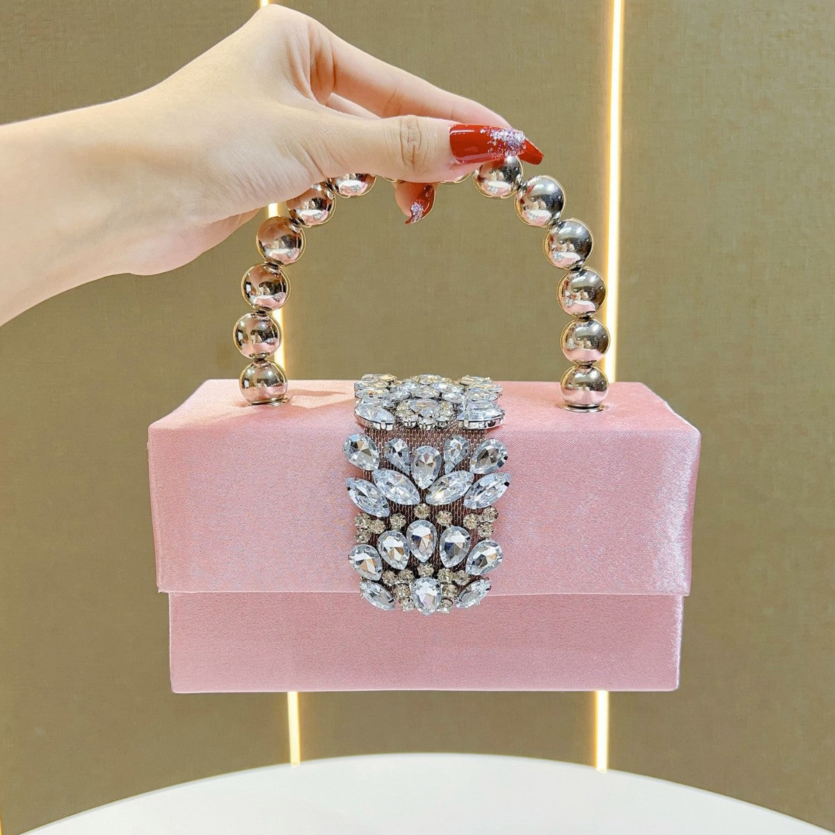 Rhinestone embellished box clutch with spherical handle - Entidu