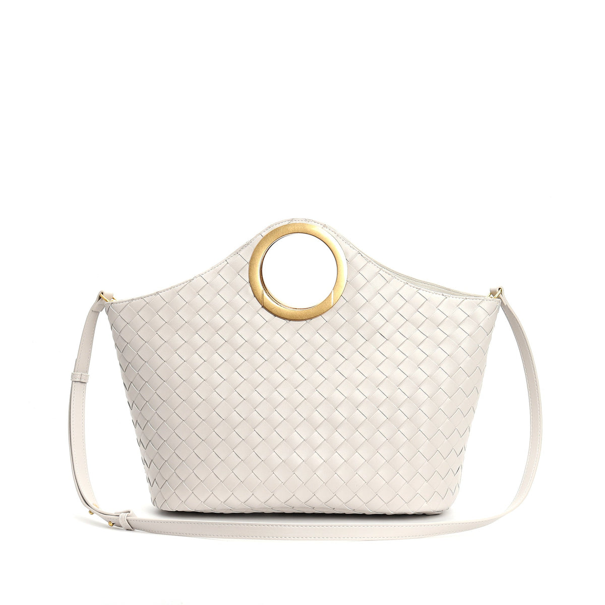 woven leather tote with circular metal handle - ARYAX