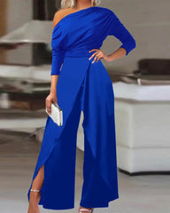 one-shoulder draped jumpsuit with front overlay - PONXSA