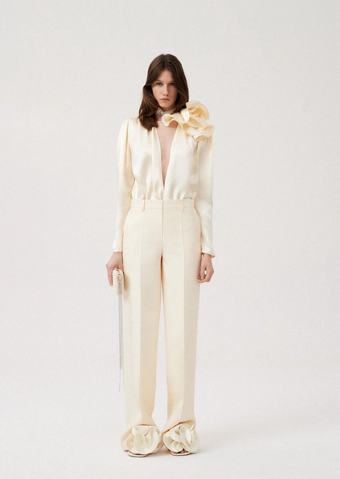 long sleeve satin blouse with floral shoulder detail - Addileigh