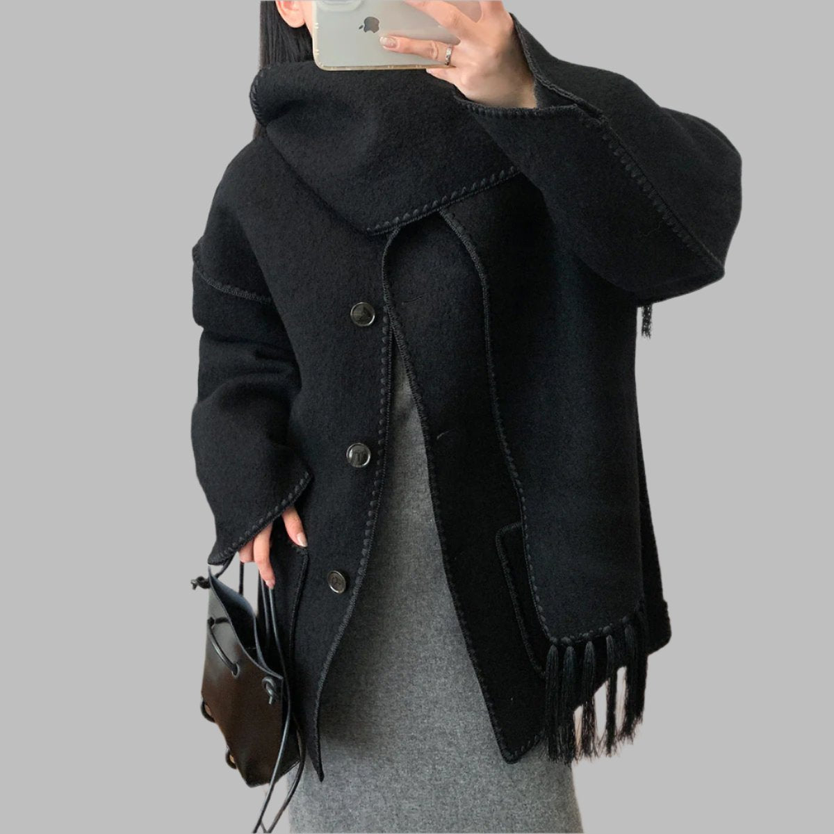fringed cape jacket with contrast trim – Teghan