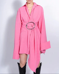Long sleeve button-up shirt with asymmetrical belt - Anruly
