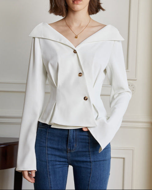 Off-shoulder tailored shirt with asymmetric buttons - Culvi