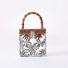Clear acrylic box bag with bamboo handle and floral design - Lydu
