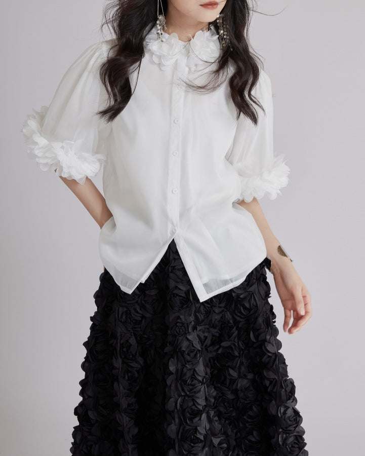puff sleeve shirt with 3D floral trims - BLOSIOM