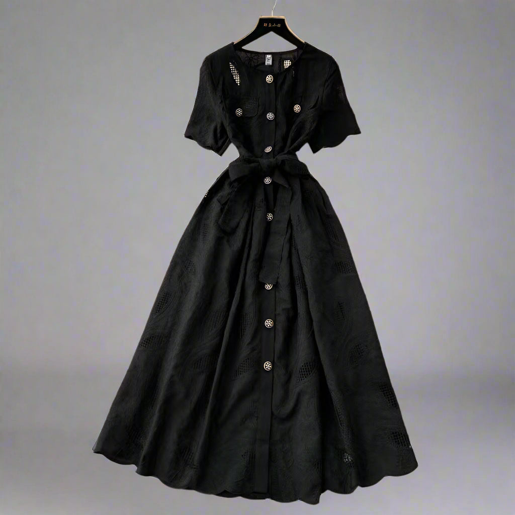 belted shirt dress with embroidered cutwork – CELESTE